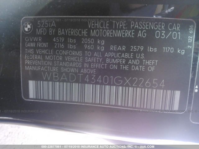 WBADT43401GX22654 - 2001 BMW 525 I AUTOMATIC 黑色 照片 9