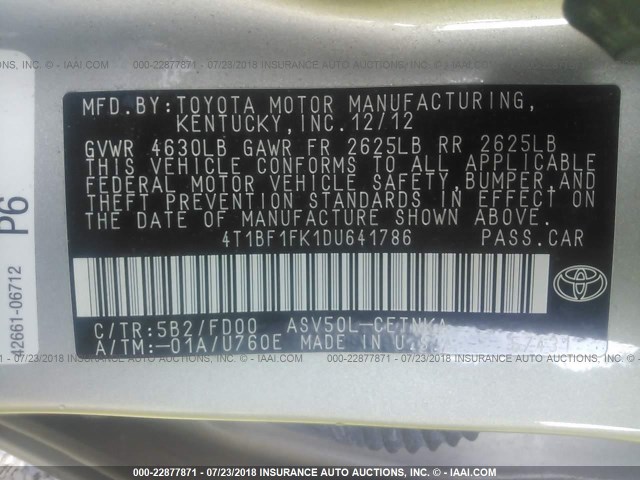 4T1BF1FK1DU641786 - 2013 TOYOTA CAMRY L/SE/LE/XLE 金色 照片 9