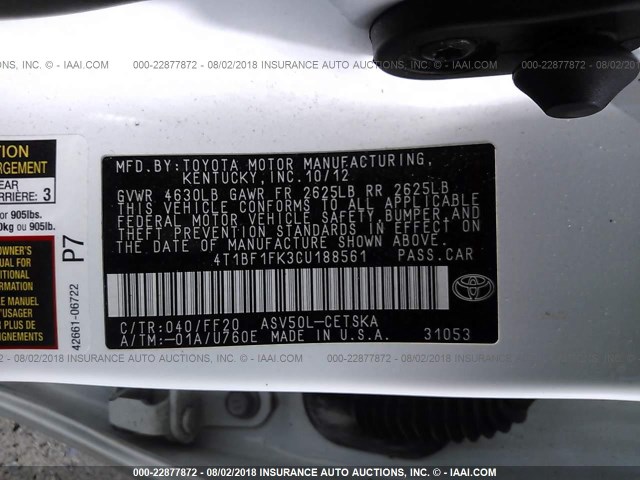 4T1BF1FK3CU188561 - 2012 TOYOTA CAMRY SE/LE/XLE WHITE photo 9