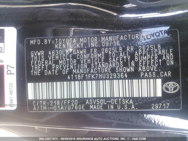 4T1BF1FK7HU329364 - 2017 TOYOTA CAMRY LE/XLE/SE/XSE 黑色 照片 9