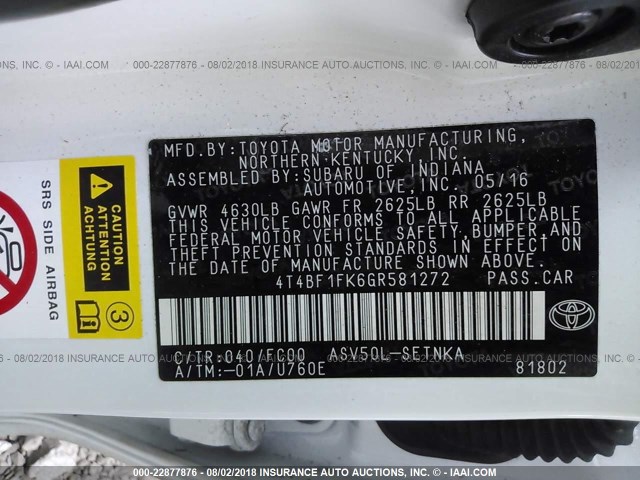 4T4BF1FK6GR581272 - 2016 TOYOTA CAMRY LE/XLE/SE/XSE WHITE photo 9