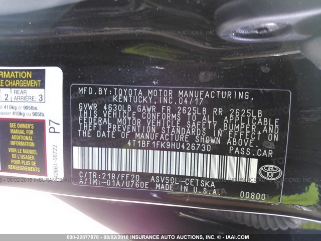 4T1BF1FK9HU426730 - 2017 TOYOTA CAMRY LE/XLE/SE/XSE BLACK photo 9