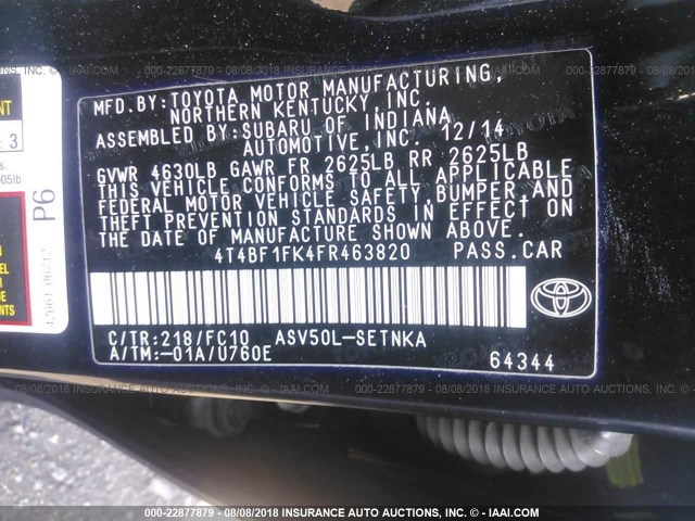 4T4BF1FK4FR463820 - 2015 TOYOTA CAMRY LE/XLE/SE/XSE BLACK photo 9