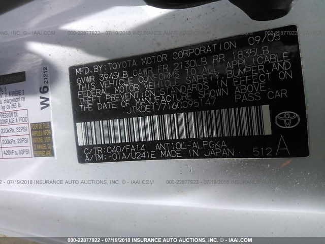 JTKDE177160095147 - 2006 TOYOTA SCION TC 白色 照片 9