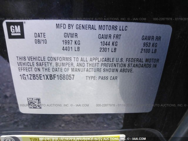 1G1ZB5E1XBF168057 - 2011 CHEVROLET MALIBU LS შავი ფოტო 9