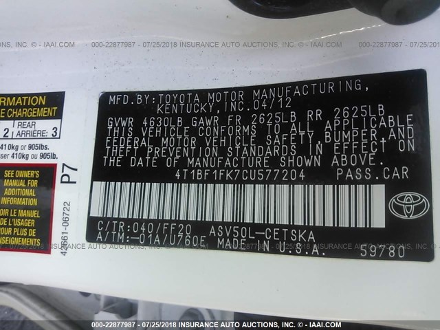 4T1BF1FK7CU577204 - 2012 TOYOTA CAMRY SE/LE/XLE WHITE photo 9