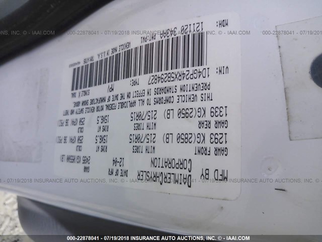 1D4GP24RX5B294827 - 2005 DODGE GRAND CARAVAN SE WHITE photo 9