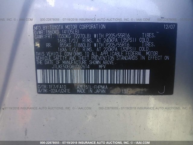 JTLKE50E081052614 - 2008 TOYOTA SCION XB Plata foto 9