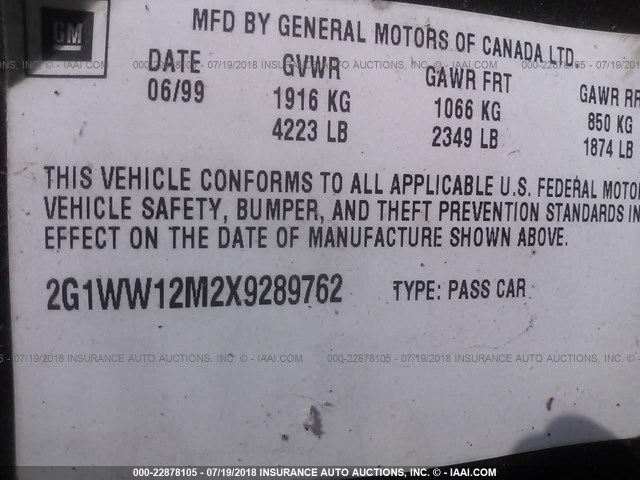 2G1WW12M2X9289762 - 1999 CHEVROLET MONTE CARLO LS 黑色 照片 9