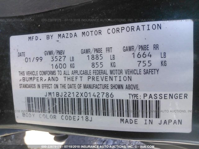 JM1BJ2212X0142786 - 1999 MAZDA PROTEGE ES 绿色 照片 9