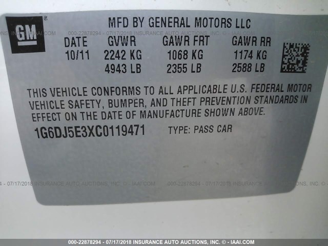 1G6DJ5E3XC0119471 - 2012 CADILLAC CTS PERFORMANCE COLLECTION Белый фото 9