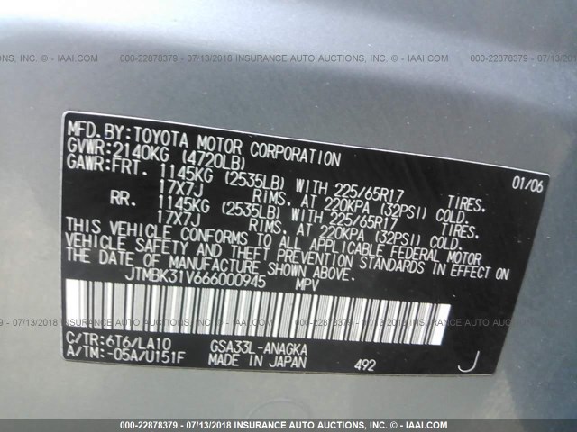 JTMBK31V666000945 - 2006 TOYOTA RAV4 LIMITED GREEN photo 9