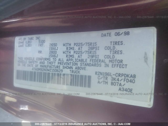 4TASM92N3WZ150629 - 1998 TOYOTA TACOMA XTRACAB PRERUNNER წითელი ფოტო 9