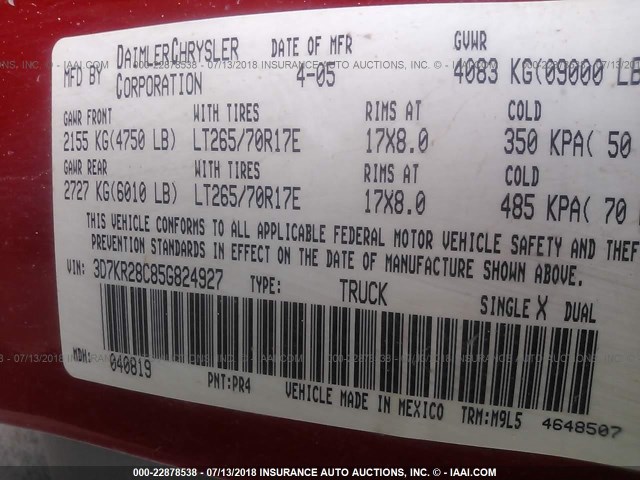 3D7KR28C85G824927 - 2005 DODGE RAM 2500 ST/SLT 红色 照片 9