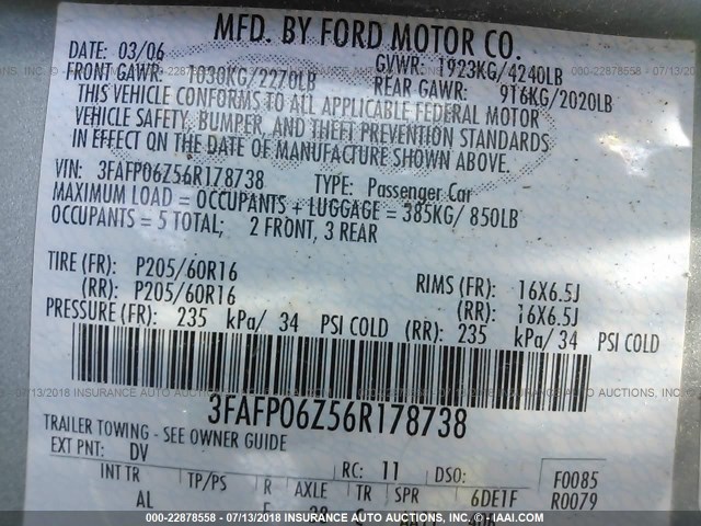 3FAFP06Z56R178738 - 2006 FORD FUSION S GREEN photo 9