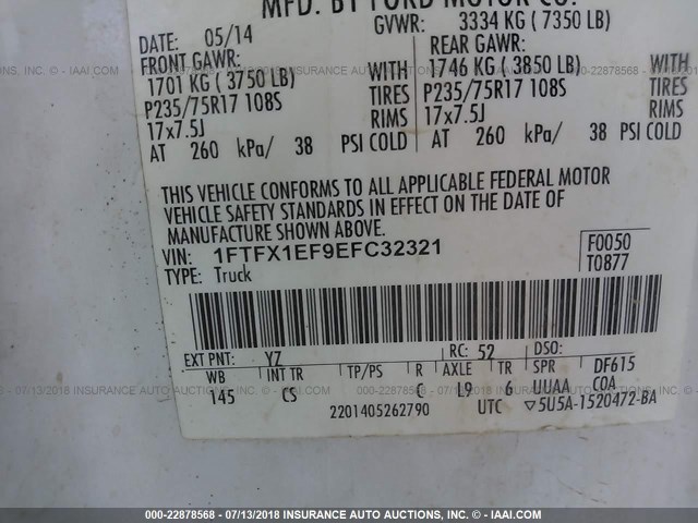 1FTFX1EF9EFC32321 - 2014 FORD F150 SUPER CAB WHITE photo 9