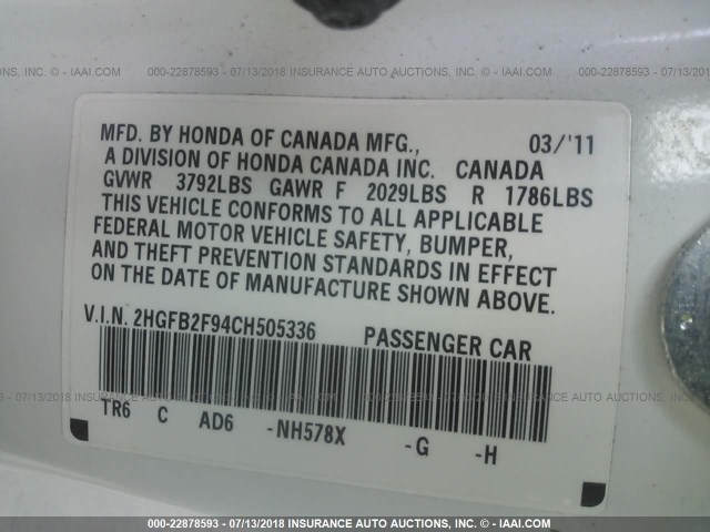 2HGFB2F94CH505336 - 2012 HONDA CIVIC EXL თეთრი ფოტო 9