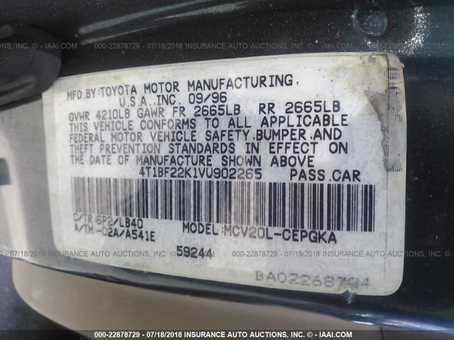 4T1BF22K1VU902265 - 1997 TOYOTA CAMRY CE/LE/XLE 绿色 照片 9