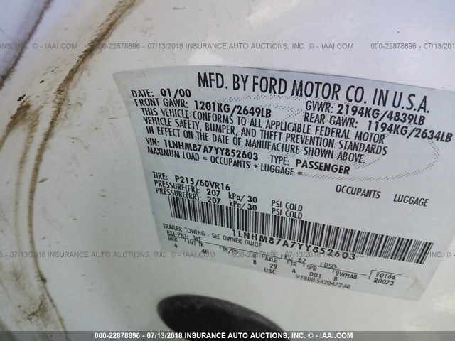 1LNHM87A7YY852603 - 2000 LINCOLN LS 白色 照片 9