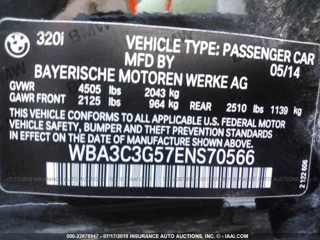 WBA3C3G57ENS70566 - 2014 BMW 320 I/XDRIVE BLACK photo 9