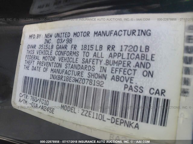 1NXBR18E3WZ078192 - 1998 TOYOTA COROLLA VE/CE/LE 青色 照片 9