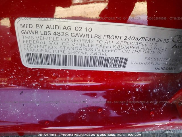 WAUHFAFL8AN049344 - 2010 AUDI A4 PREMIUM PLUS RED photo 9