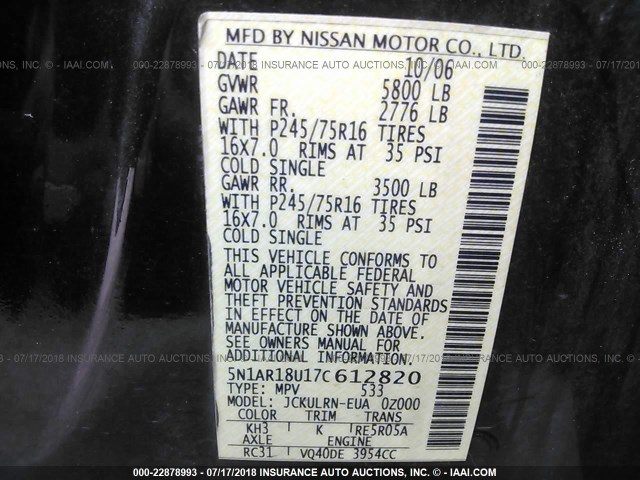 5N1AR18U17C612820 - 2007 NISSAN PATHFINDER LE/SE/XE BLACK photo 9