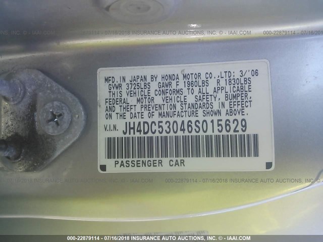 JH4DC53046S015629 - 2006 ACURA RSX TYPE-S SILVER photo 9