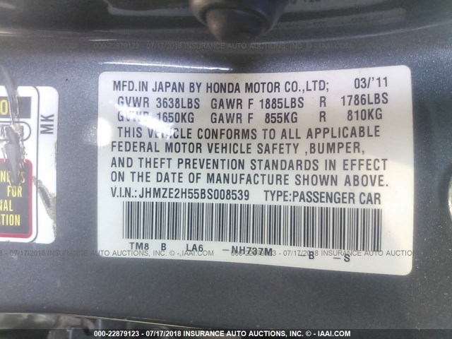 JHMZE2H55BS008539 - 2011 HONDA INSIGHT LX GRAY photo 9