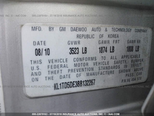 KL1TD5DE3BB132267 - 2011 CHEVROLET AVEO LS/LT 银色 照片 9