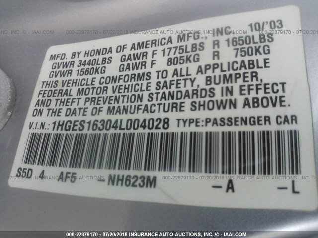 1HGES16304L004028 - 2004 HONDA CIVIC DX VP Gümüş foto 9
