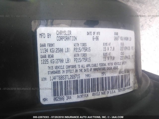 1J4FT68S3TL269715 - 1996 JEEP CHEROKEE SPORT/CLASSIC მწვანე ფოტო 9