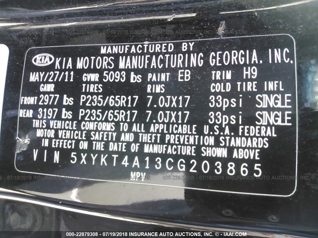 5XYKT4A13CG203865 - 2012 KIA SORENTO LX BLACK photo 9