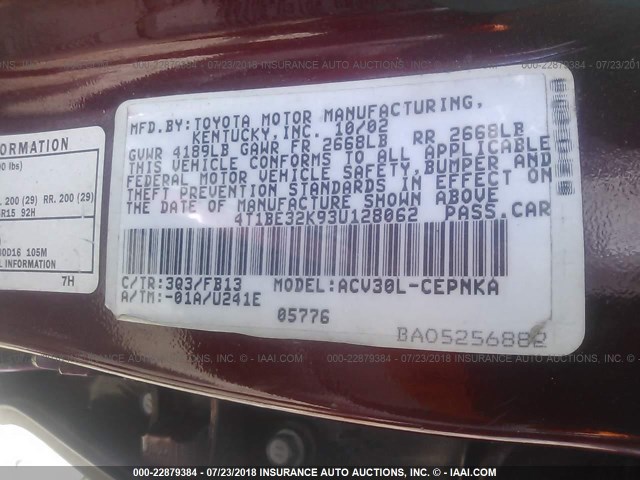 4T1BE32K93U128062 - 2003 TOYOTA CAMRY LE/XLE/SE Бордовый фото 9