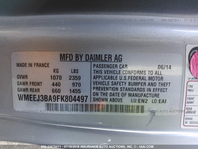 WMEEJ3BA9FK804497 - 2015 SMART FORTWO PURE/PASSION GRAY photo 9