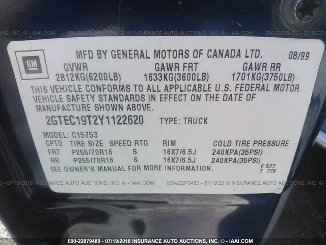 2GTEC19T2Y1122620 - 2000 GMC NEW SIERRA C1500 BLUE photo 9