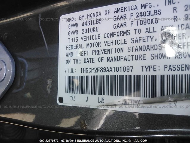 1HGCP2F89AA101097 - 2010 HONDA ACCORD EXL GRAY photo 9