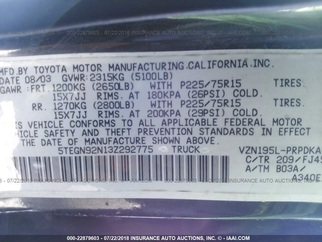 5TEGN92N13Z292775 - 2003 TOYOTA TACOMA DOUBLE CAB PRERUNNER BLACK photo 9