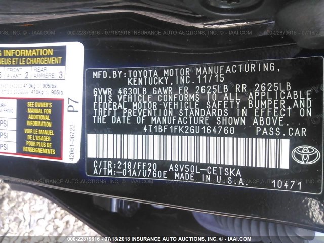 4T1BF1FK2GU164760 - 2016 TOYOTA CAMRY LE/XLE/SE/XSE BLACK photo 9