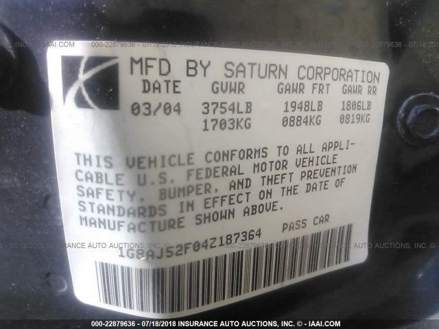 1G8AJ52F04Z187364 - 2004 SATURN ION LEVEL 2 灰色 照片 9
