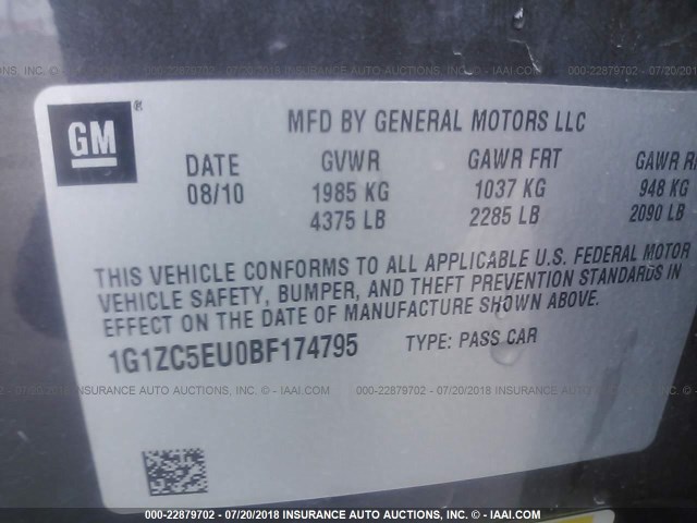 1G1ZC5EU0BF174795 - 2011 CHEVROLET MALIBU 1LT 灰色 照片 9