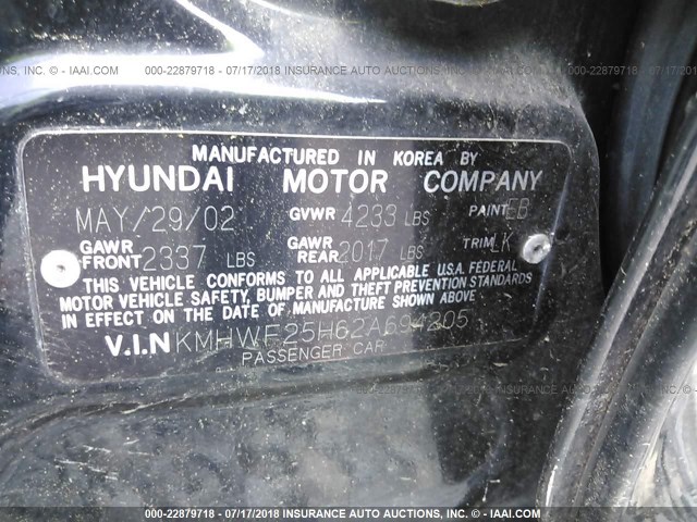 KMHWF25H62A694205 - 2002 HYUNDAI SONATA GL BLACK photo 9