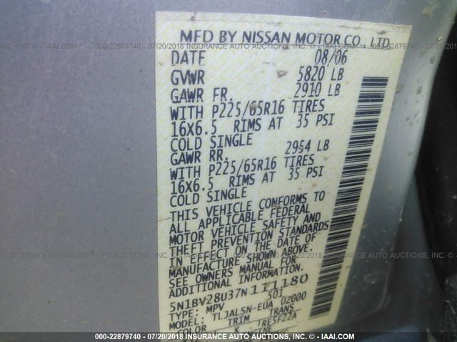 5N1BV28U37N111180 - 2007 NISSAN QUEST S/SE/SL SILVER photo 9