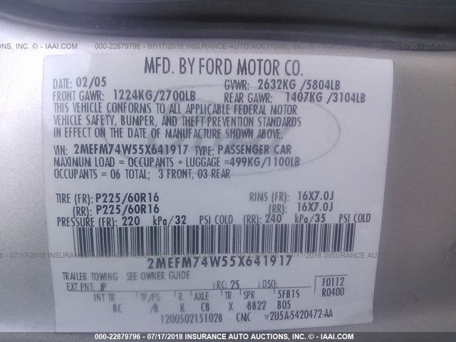 2MEFM74W55X641917 - 2005 MERCURY GRAND MARQUIS GS SILVER photo 9