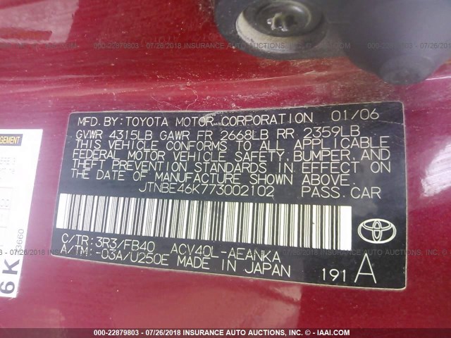 JTNBE46K773002102 - 2007 TOYOTA CAMRY NEW GENERAT CE/LE/XLE/SE RED photo 9