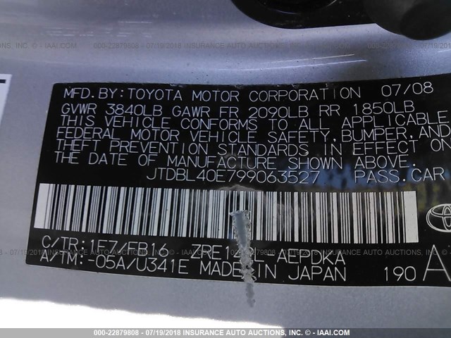 JTDBL40E799063527 - 2009 TOYOTA COROLLA LE/XLE SILVER photo 9