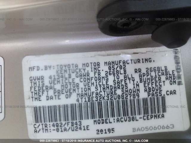 4T1BE32K32U082789 - 2002 TOYOTA CAMRY LE/XLE/SE 金色 照片 9