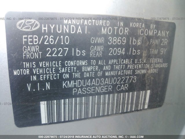 KMHDU4AD3AU022773 - 2010 HYUNDAI ELANTRA BLUE/GLS/SE SILVER photo 9