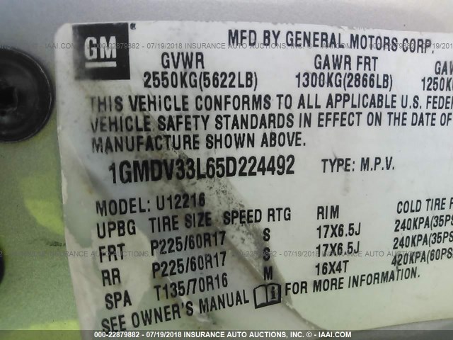 1GMDV33L65D224492 - 2005 PONTIAC MONTANA SV6 SILVER photo 9