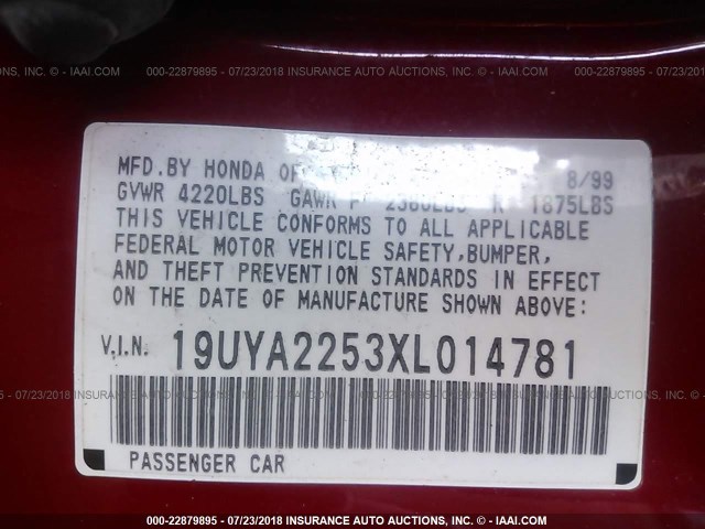 19UYA2253XL014781 - 1999 ACURA 3.0CL RED photo 9